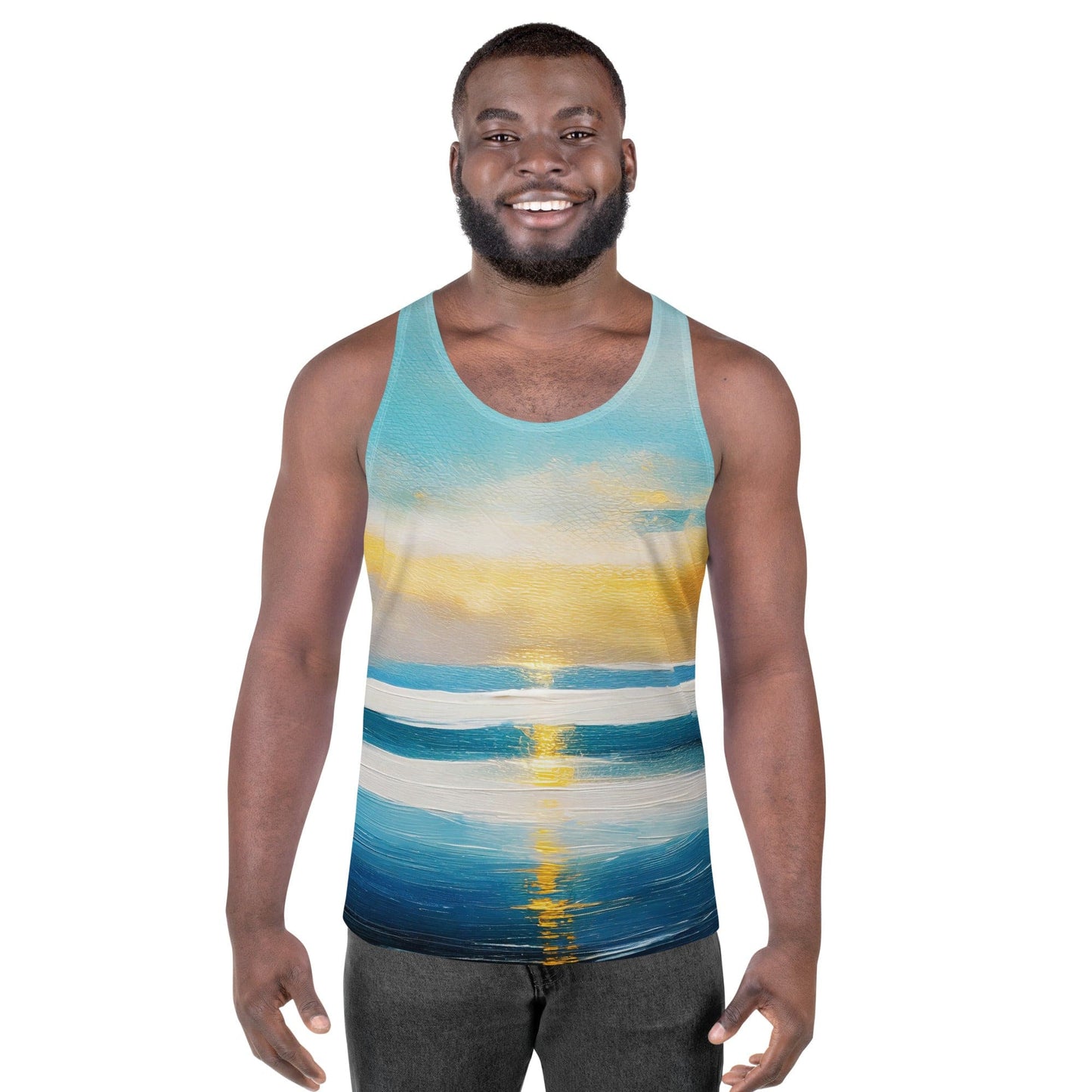 Mens Stretch Fit Tank Top - Blue Ocean Golden Sunset Print-0