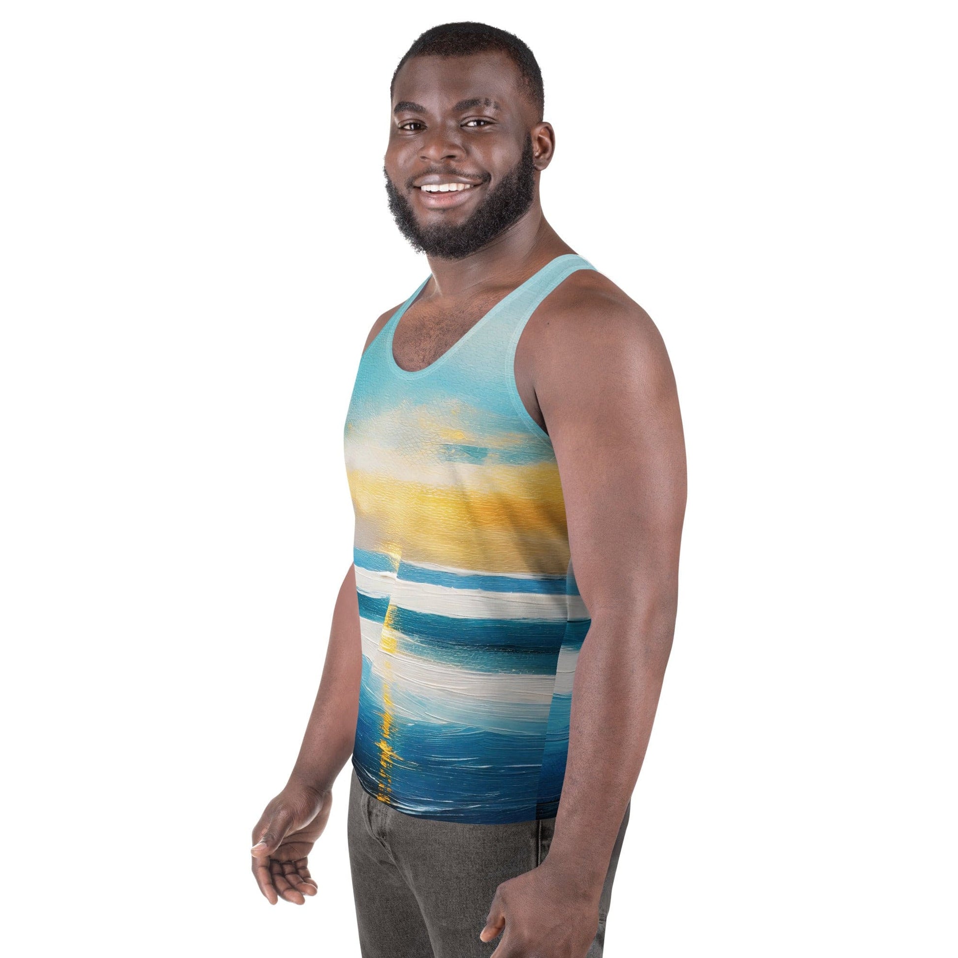 Mens Stretch Fit Tank Top - Blue Ocean Golden Sunset Print-1
